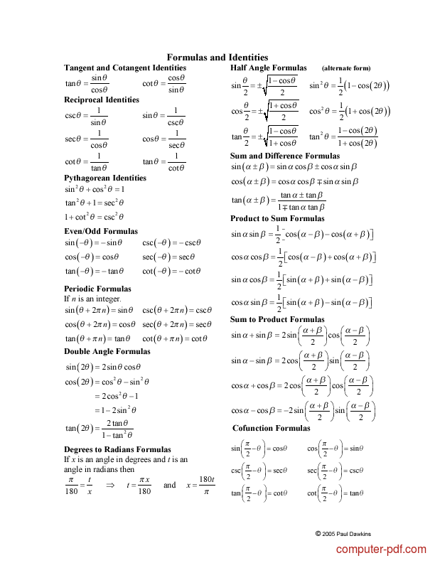 calculus trig identities cheat sheet